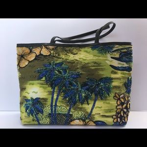 Christiana Beaded Bag Palm Trees and Hibiscus EUC